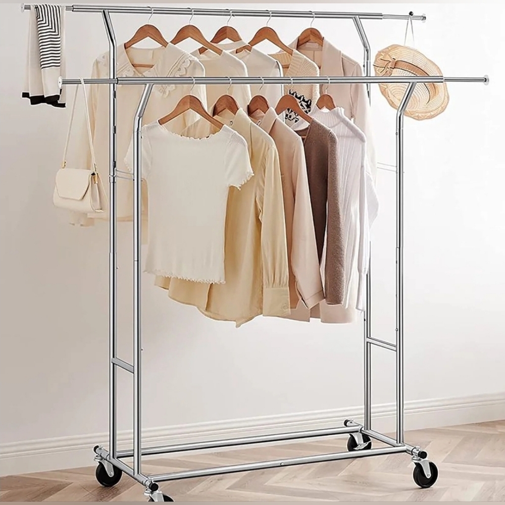 Chrome Heavy Duty 2 in 1 Portable Rolling Garment Rack